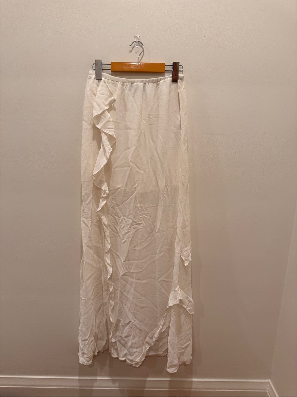 reformation white ruffle maxi skirt!